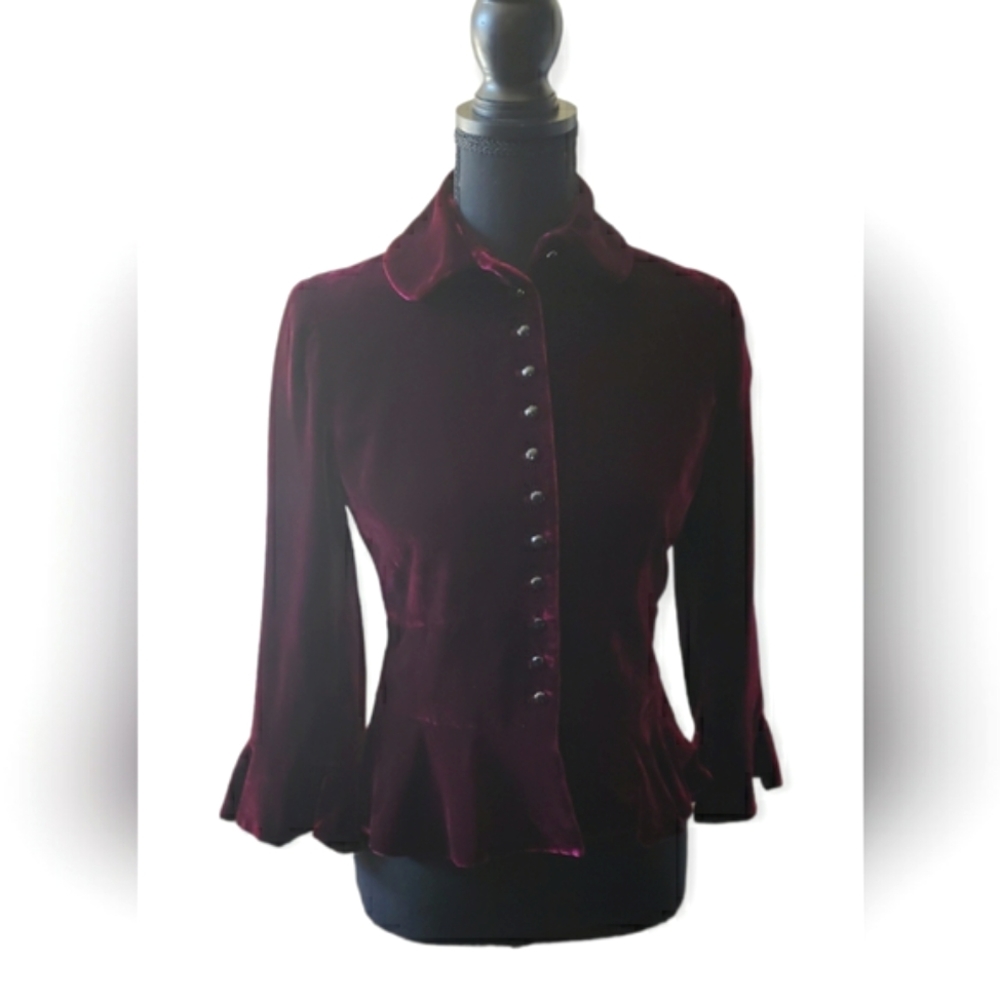 Lauren by Ralph Lauren Burgandy Velour Button Down Top EUC